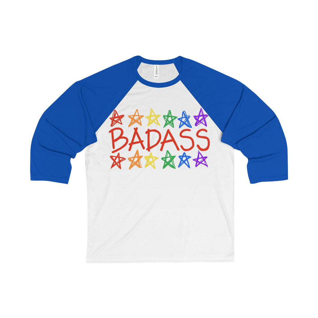 BADASS with rainbow stars - Unisex 3/4 Sleeve Baseball Tee