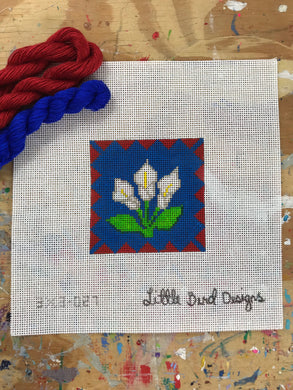 3x3-027 Calla lilies with red border, blue background