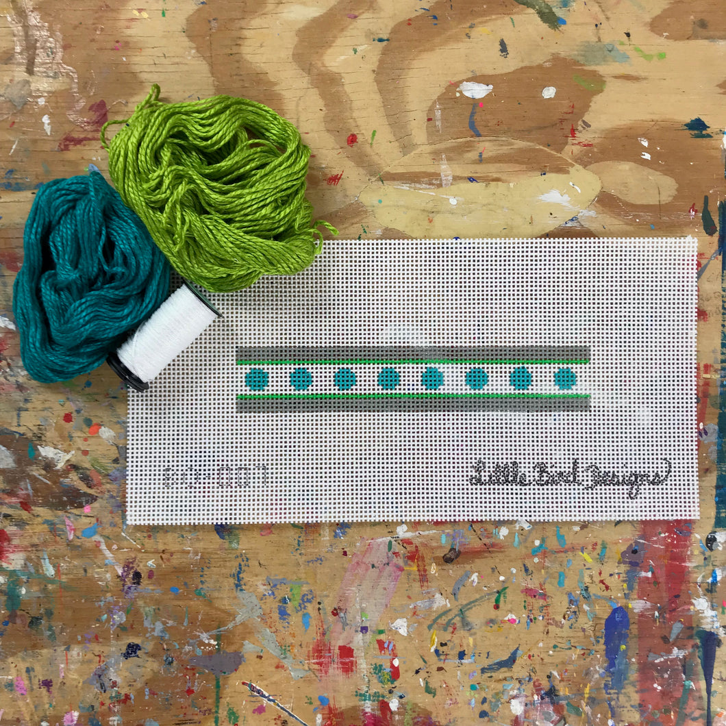 BT-007 Grey and chartreuse stripes, aqua circles