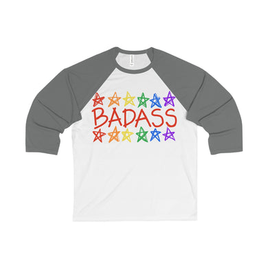 BADASS with rainbow stars - Unisex 3/4 Sleeve Baseball Tee